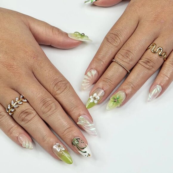 Spring Green Press On Nails with 3D Floral, Butterfly, Medium Almond - Picture 3 of 5